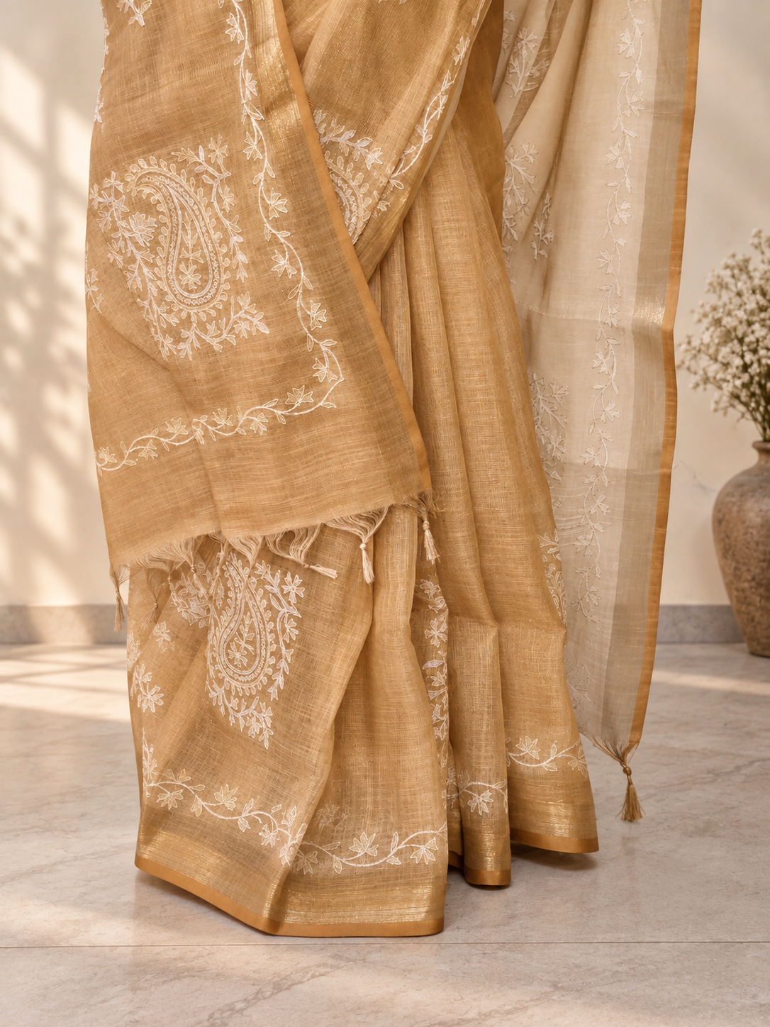 Golden Tissue Linen Saree with Handcrafted Aari Patchwork & Zari Detailing