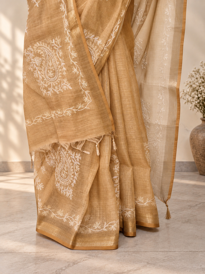 Golden Tissue Linen Saree with Handcrafted Aari Patchwork & Zari Detailing