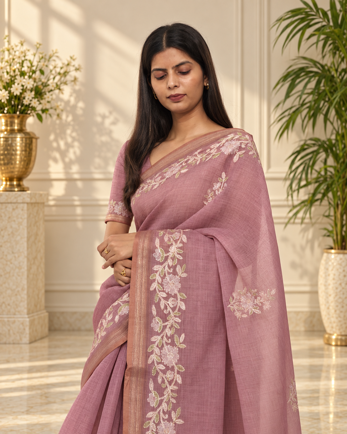dusty mauve linen saree with handcrafted aari floral embroidery