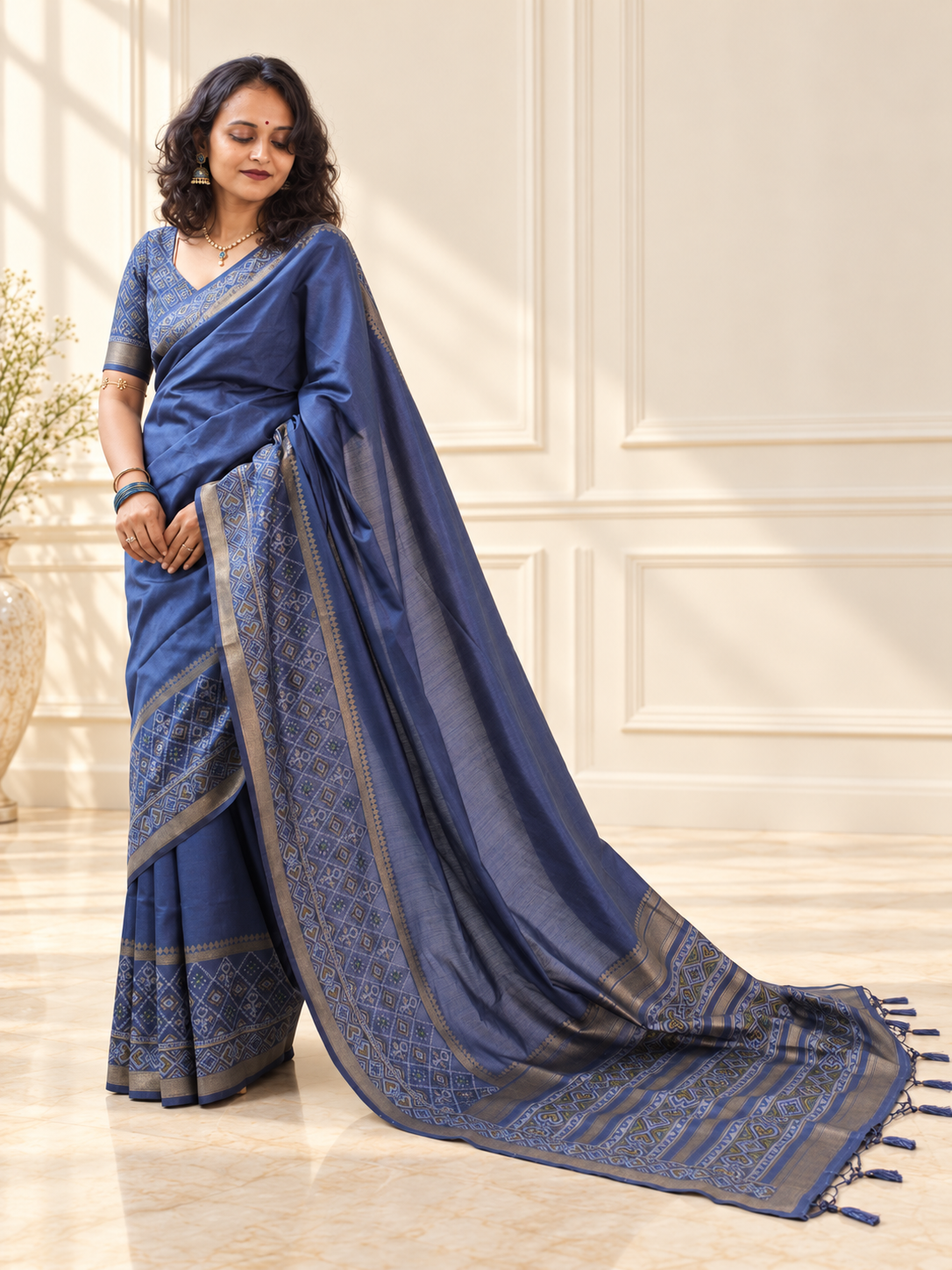 slate blue silk gala patola broad border saree