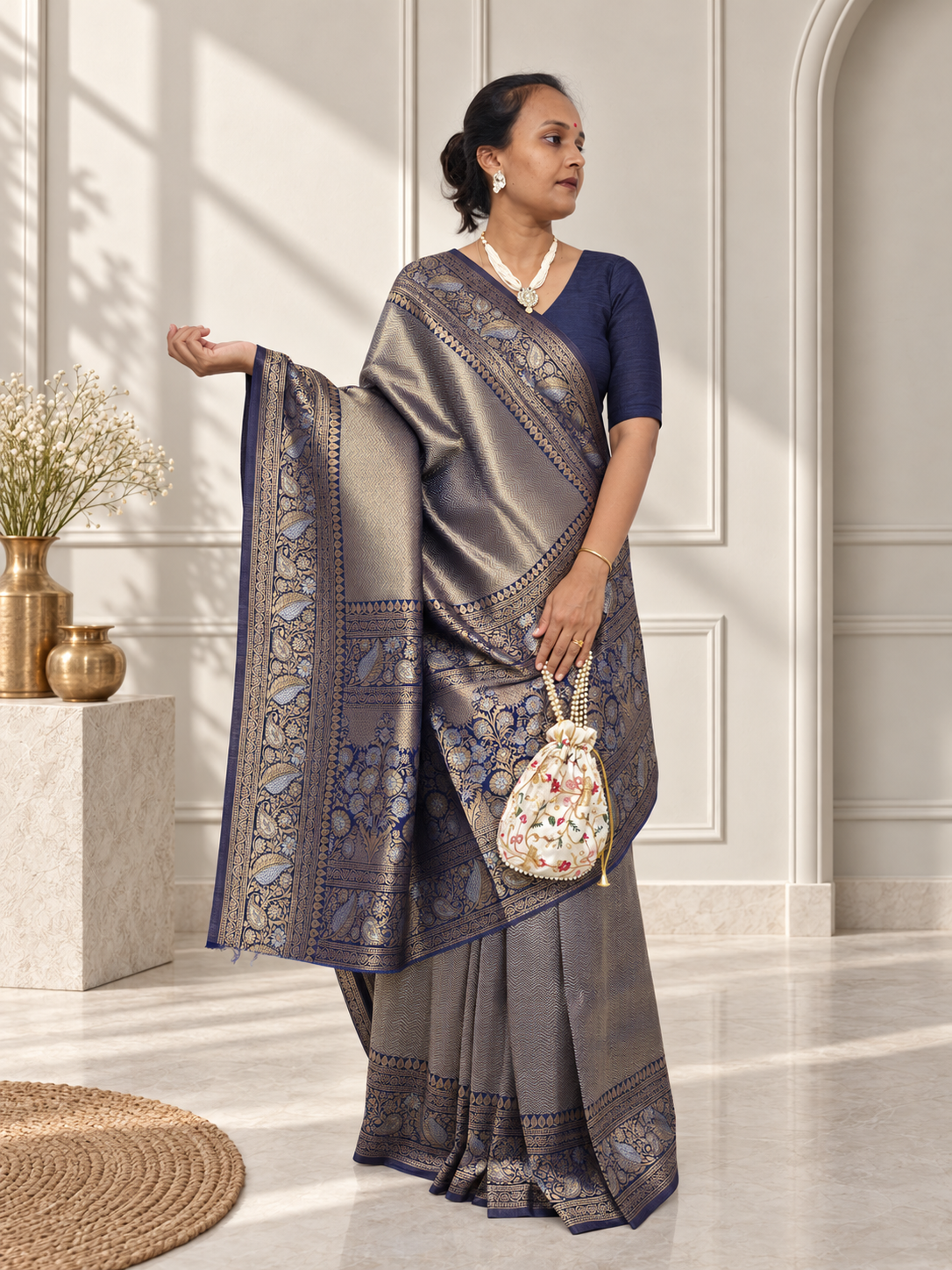 midnight blue uppada pure silk saree with floral nakshatra border