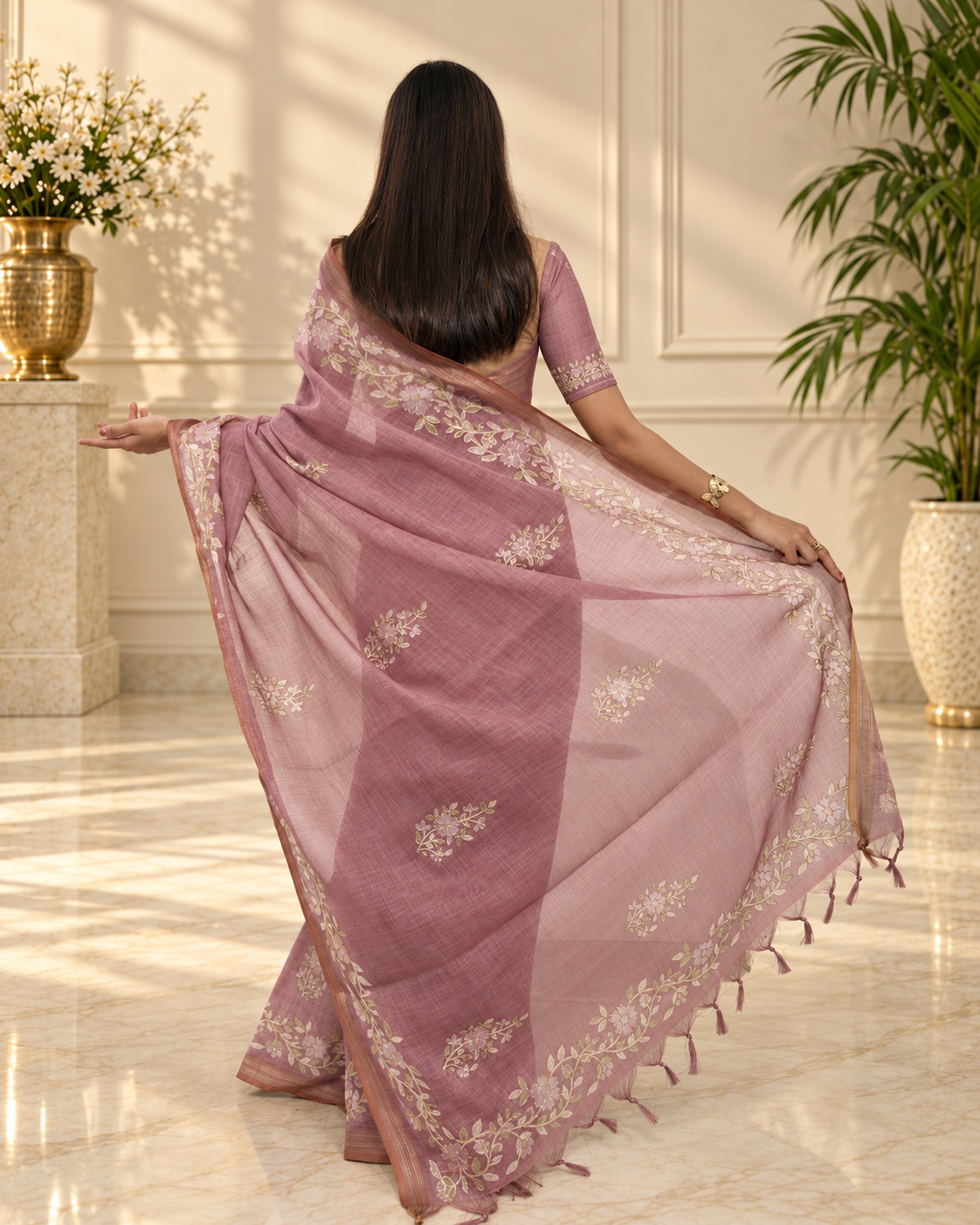 Dusty Mauve Linen Saree with Handcrafted Aari Floral Embroidery