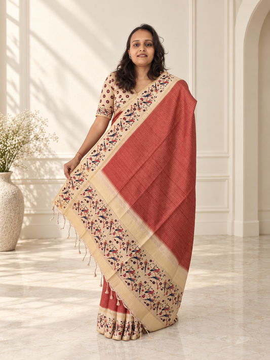 Bird & Floral Print Muted Terracotta Tussar Silk Saree