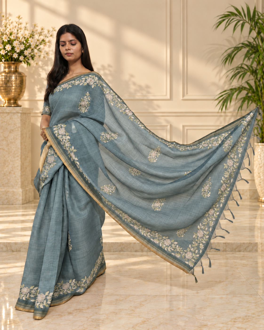 dusty teal blue linen saree with handcrafted aari floral embroidery
