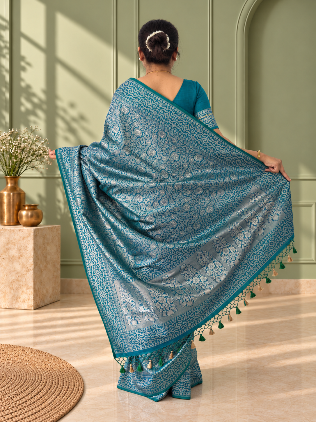 peacock blue crepe jaal silk saree with matching floral border