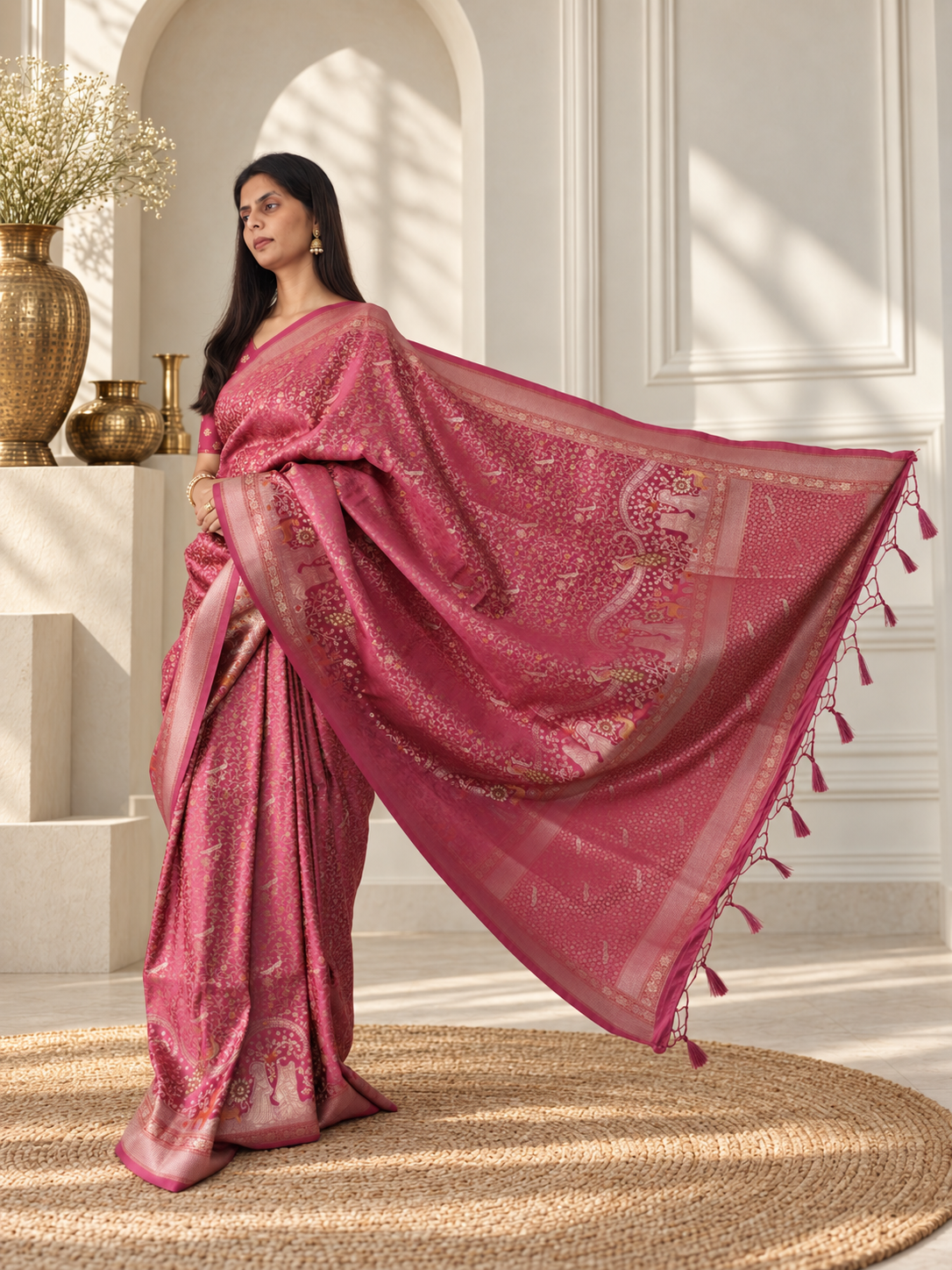 rose pink pure mashru silk handwoven banarasi saree with rich zari border