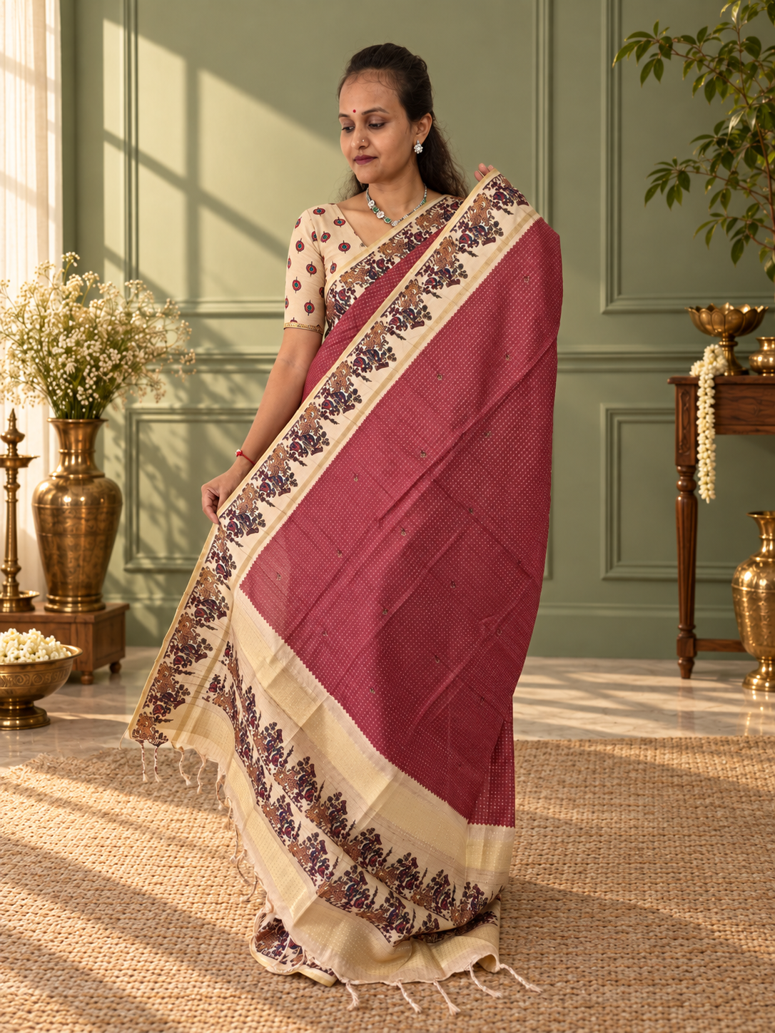 Heritage Folk Art Tussar Silk Saree – Brick Red