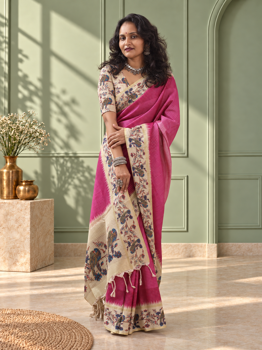 pink tussar silk katha print saree with parrot pallu