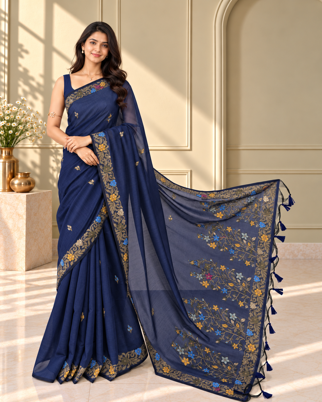navy blue cotton handwoven jamdani saree with multicolour floral design
