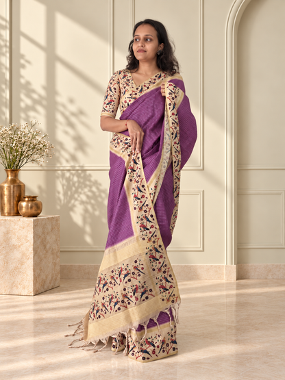Bird & Floral Print Muted Plum Purple Tussar Silk Saree
