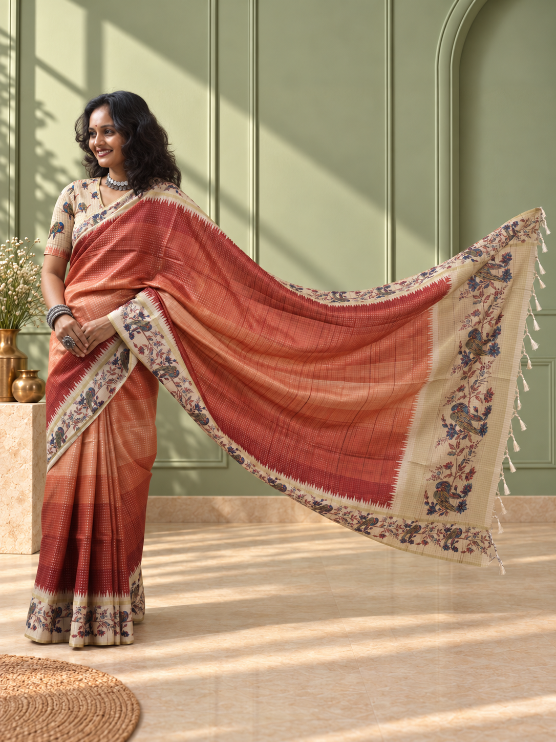 terracotta tussar silk katha print saree with parrot pallu