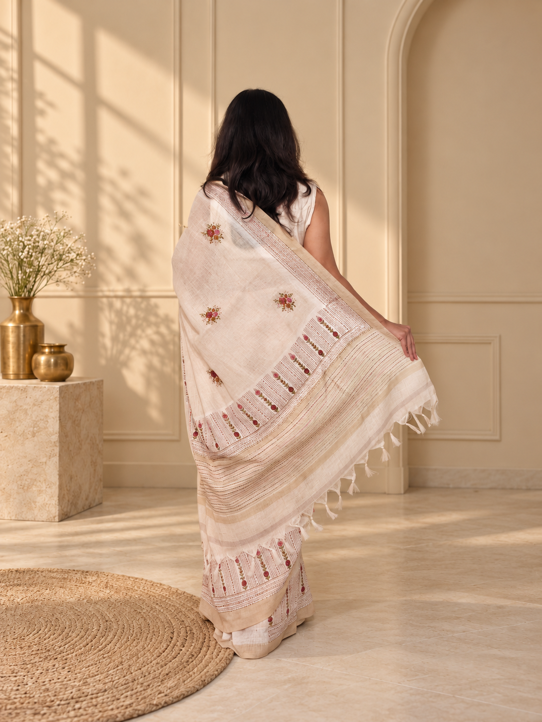 Linen Silk Handloom Saree with Multicolour Katha Stitch Hand Embroidery