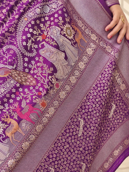 Royal Purple Pure Mashru Silk Handwoven Banarasi Saree with Rich Zari Border