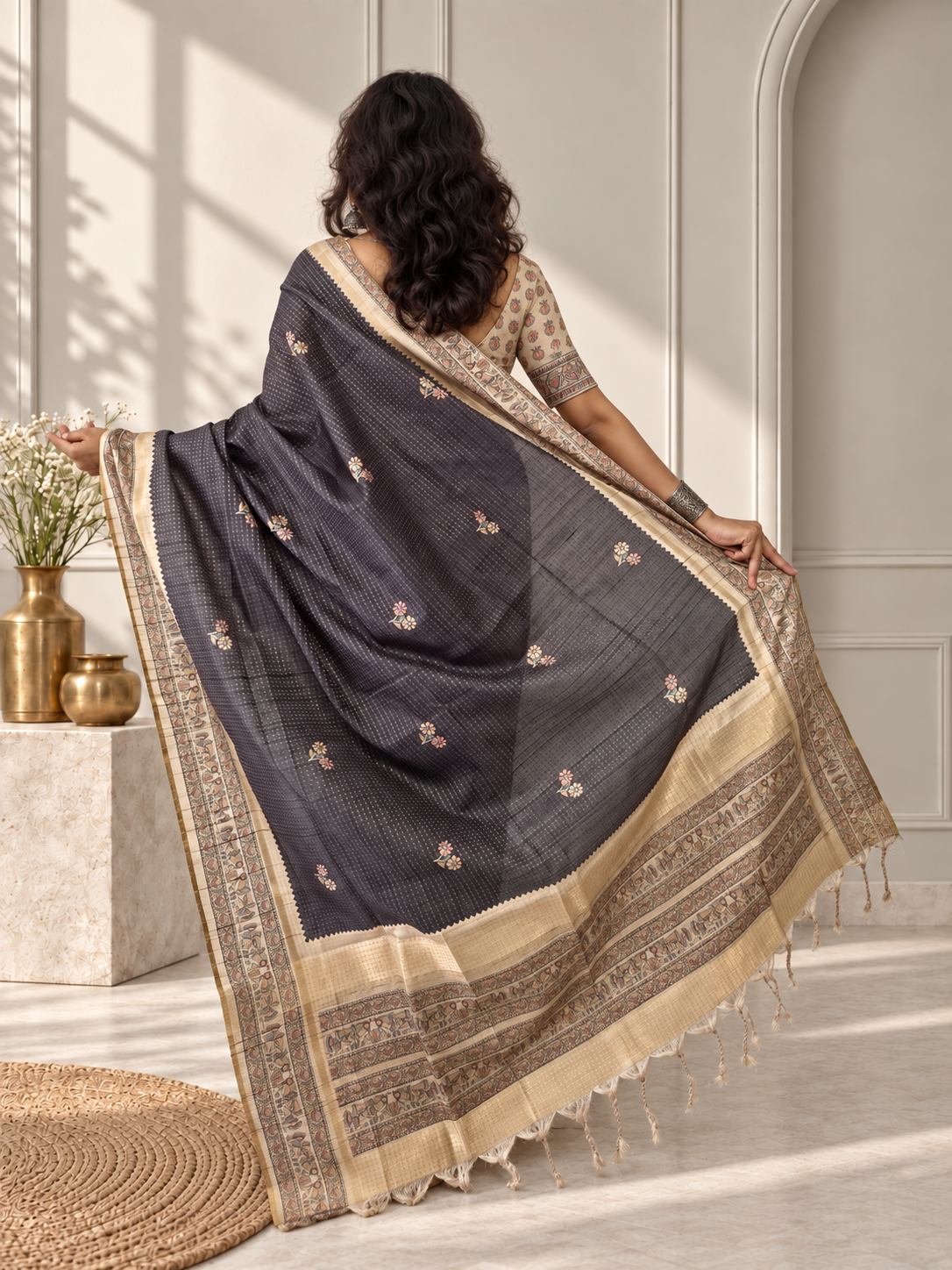Madhubani Folk Art Charcoal Grey Tussar Silk Saree