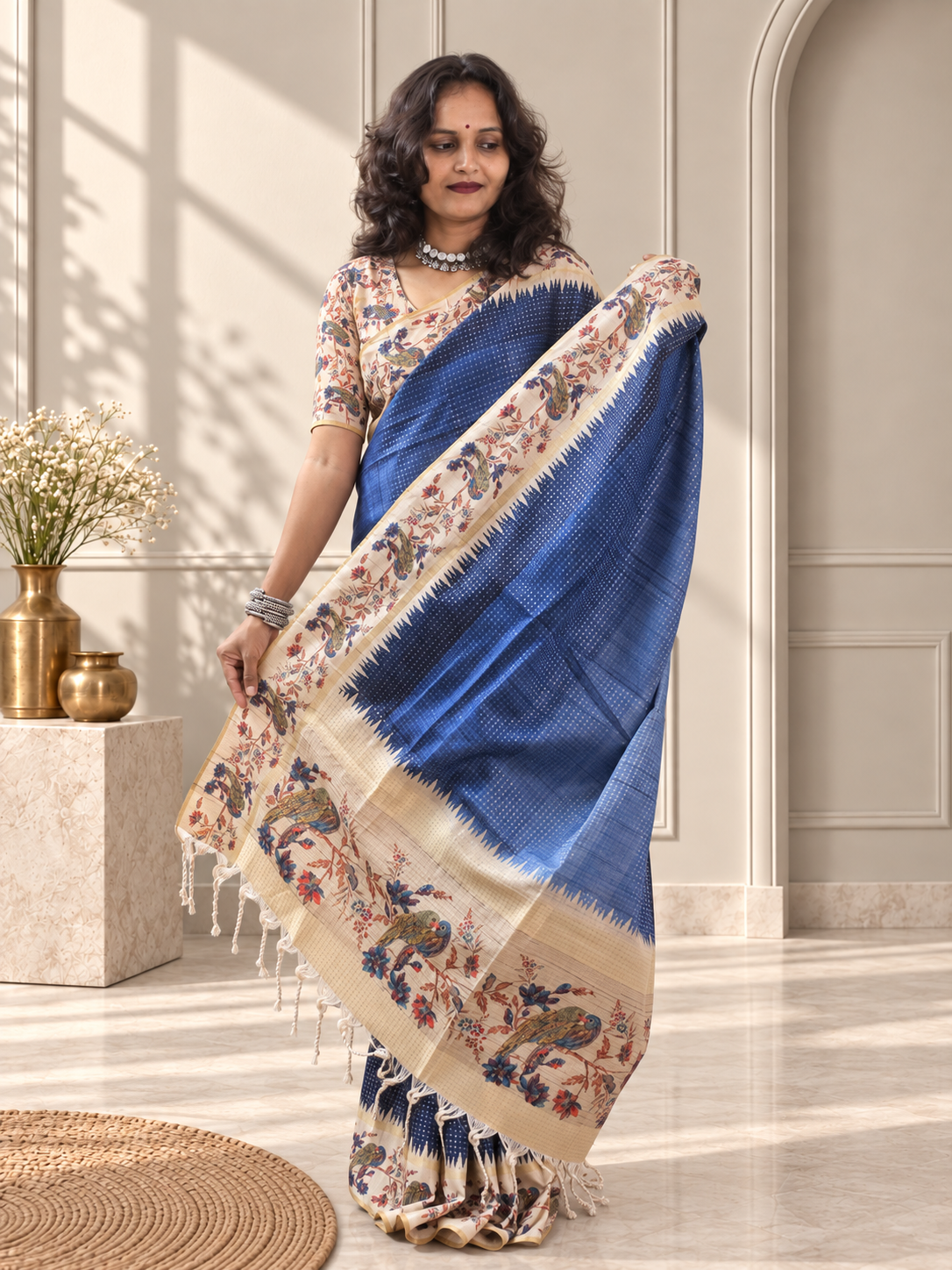 Navy Blue Tussar Silk Katha Print Saree with Parrot Pallu