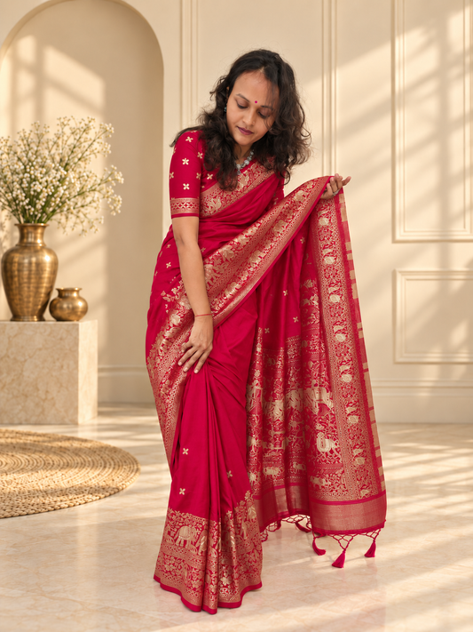 Crimson Red Woven Banarasi Silk Saree with Gold Zari Elephant & Floral Border