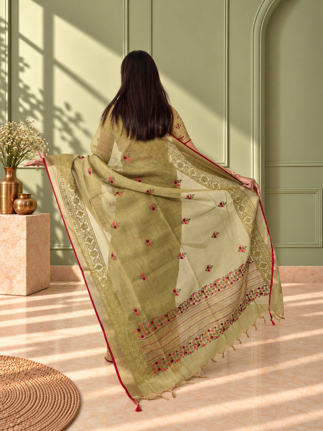 Dark Mustard Linen Saree with Hand Embroidered Kantha Work