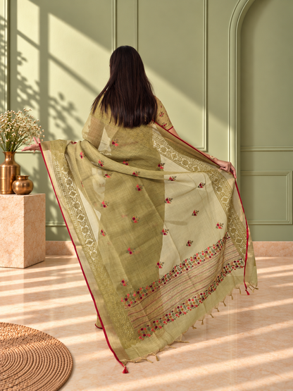 Dark Mustard Linen Saree with Hand Embroidered Kantha Work