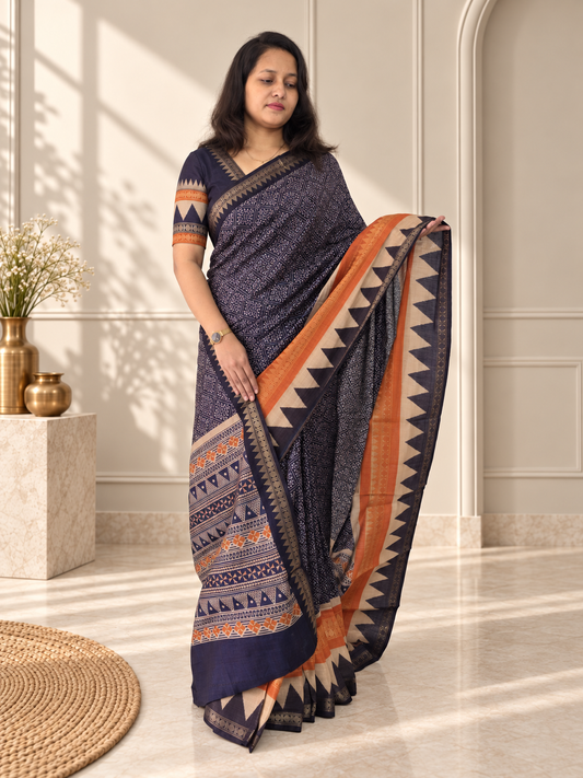 Navy Blue Soft Cotton Saree with Zari Border