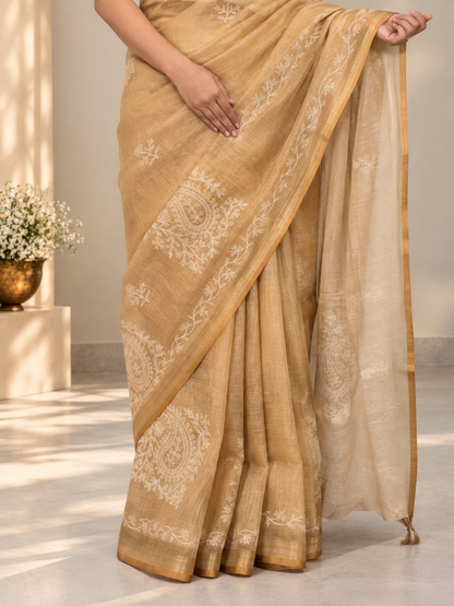 Golden Tissue Linen Saree with Handcrafted Aari Patchwork & Zari Detailing