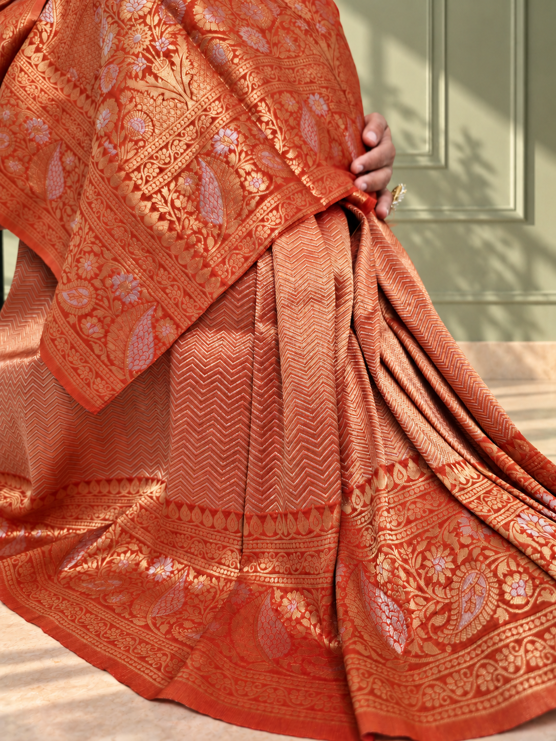 rust orange uppada pure silk saree with floral nakshatra border