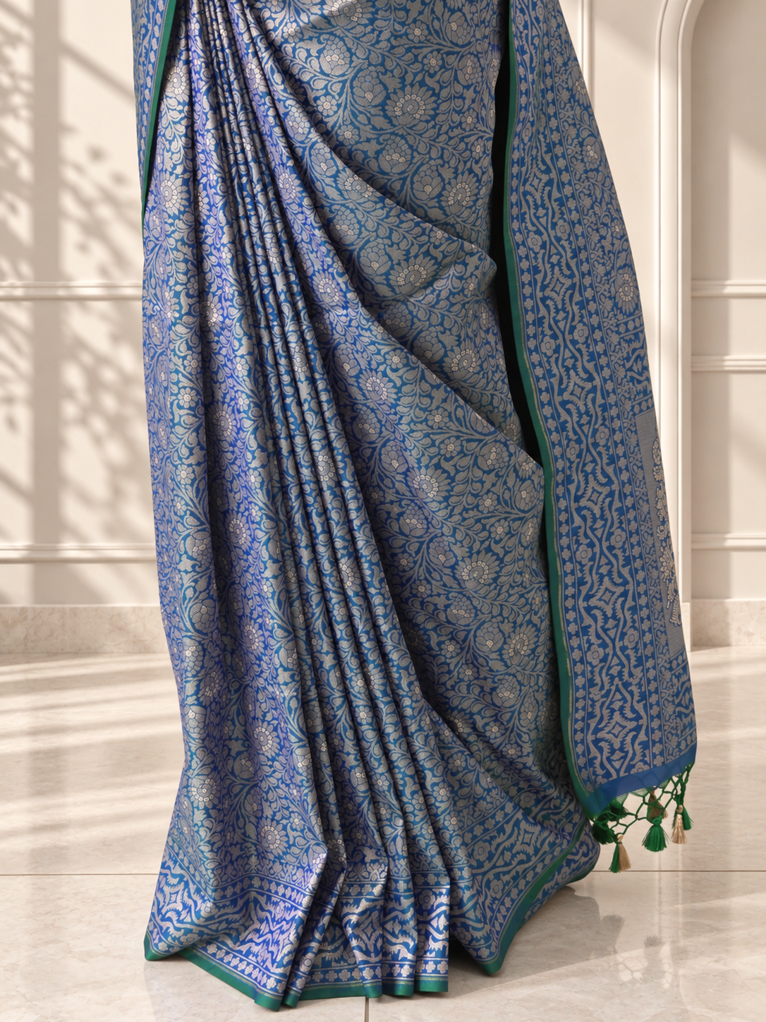 Blue Crepe Jaal Silk Saree with Matching Floral Border