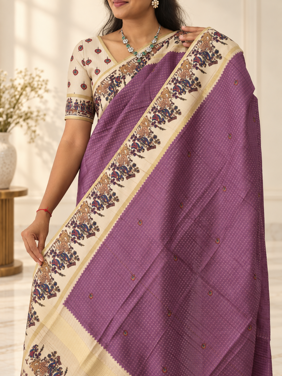 heritage folk art tussar silk saree – mauve purple