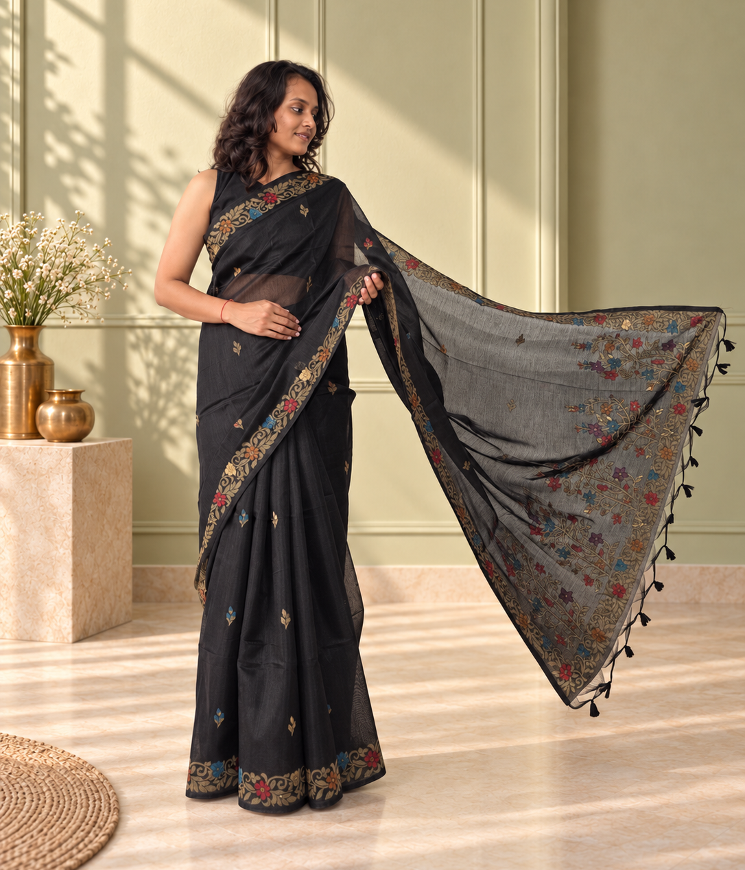 black cotton handwoven jamdani saree with multicolour floral design