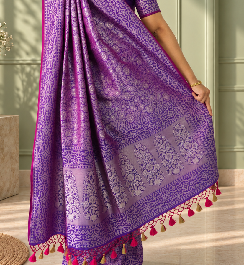 purple crepe jaal silk saree with matching floral border
