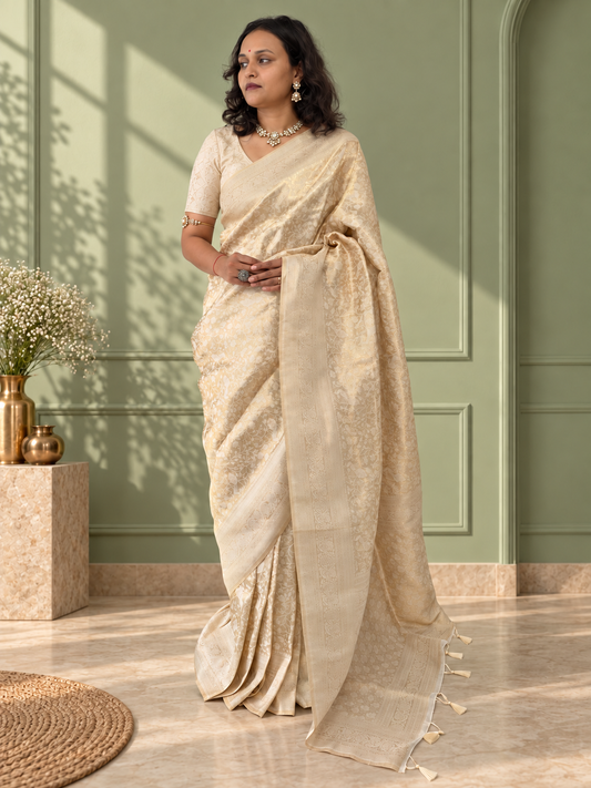 Ivory Banarasi Silk Saree with Heavy Floral Weaving & Rich Woven Border