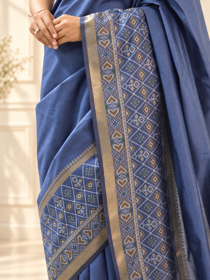 Slate Blue Silk Gala Patola Broad Border Saree