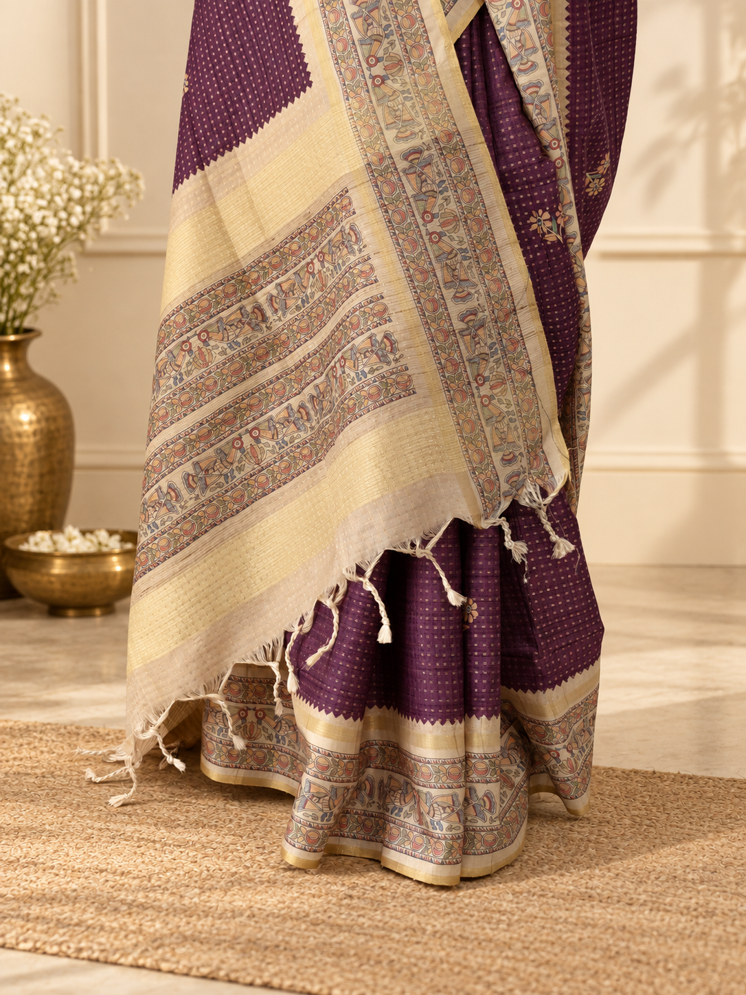 Madhubani Folk Art Mauve Purple Tussar Silk Saree