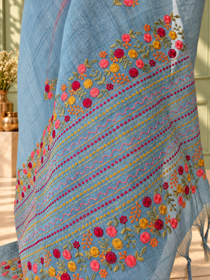 Pastel Blue Linen Saree with Hand Embroidered Kantha Work