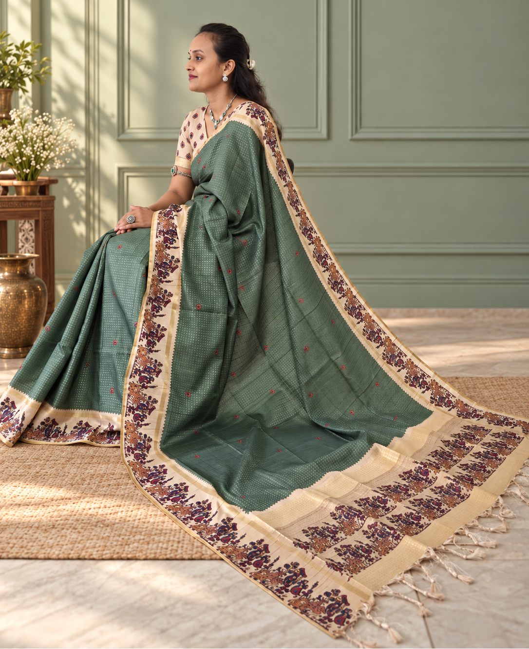heritage folk art tussar silk saree – sage green