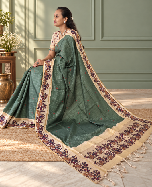Heritage Folk Art Tussar Silk Saree – Sage Green