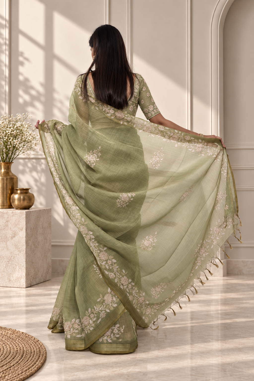pistachio green linen saree with handcrafted aari floral embroidery