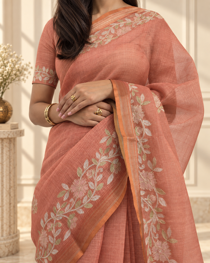 Muted Terracotta Linen Saree with Handcrafted Aari Floral Embroidery