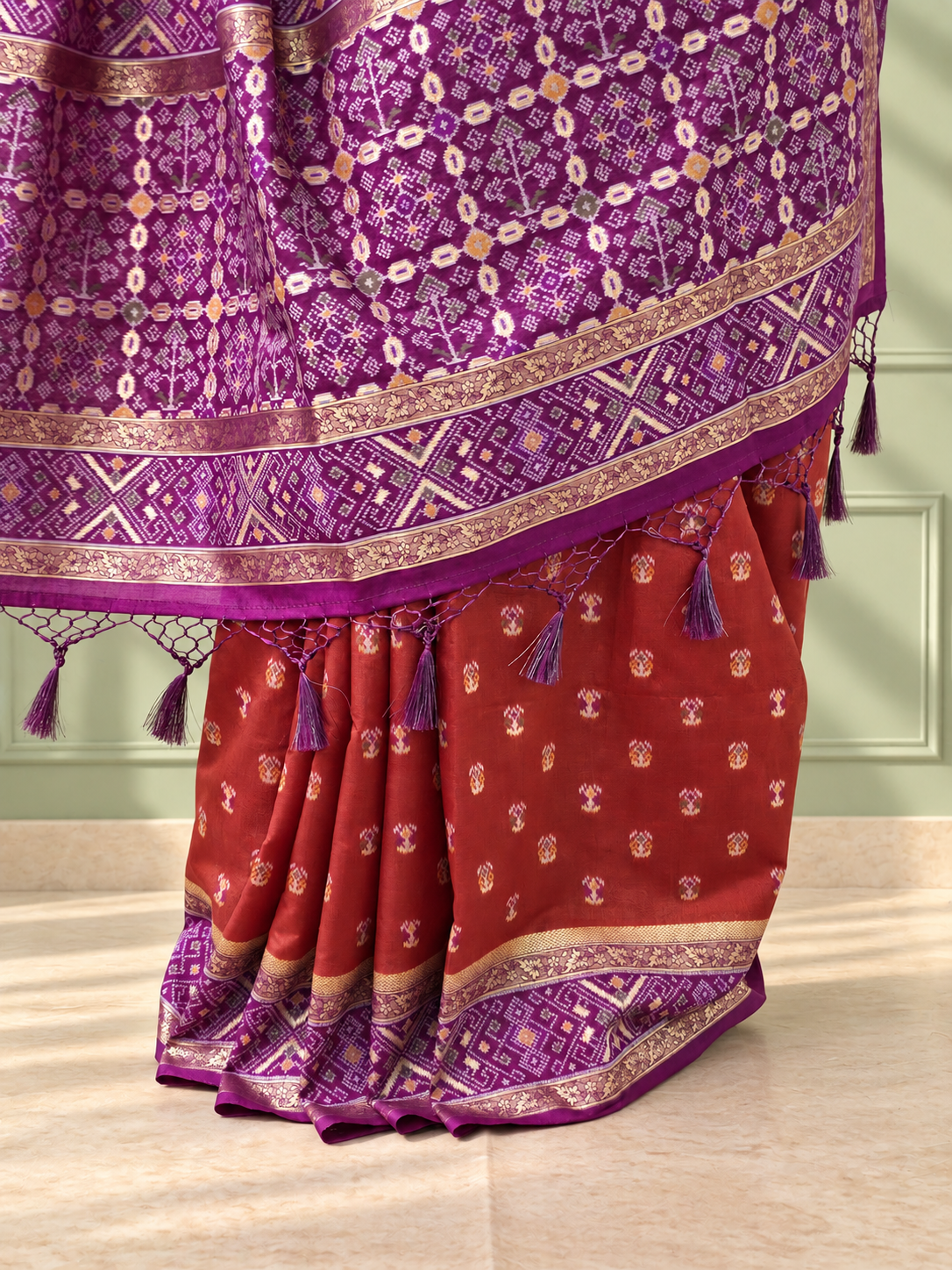 terracotta purple silk patola saree with geometric woven border