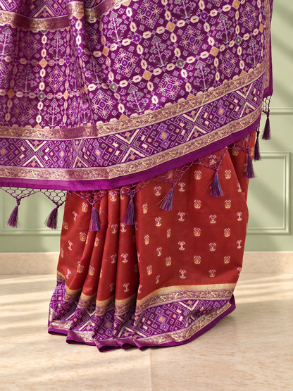 Terracotta Purple Silk Patola Saree with Geometric Woven Border