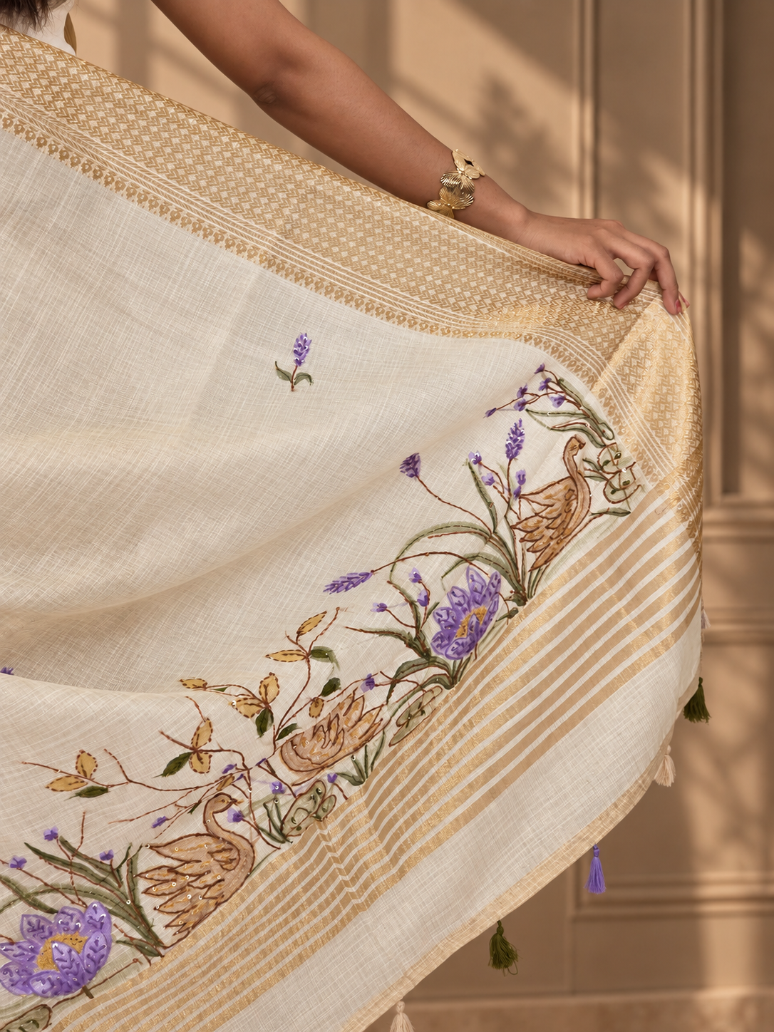 Ivory Linen Saree with Hand Embroidered Purple Florals