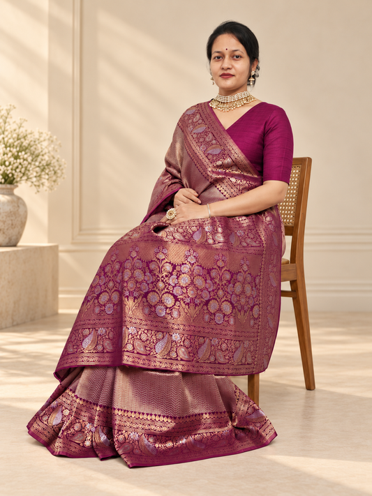 Deep Berry Magenta Uppada Pure Silk Saree with Floral Nakshatra Border