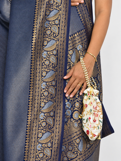 Midnight Blue Uppada Pure Silk Saree with Floral Nakshatra Border