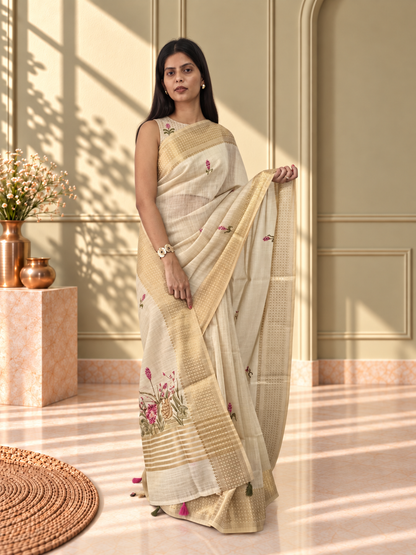 Ivory Linen Saree with Hand Embroidered Pink Florals