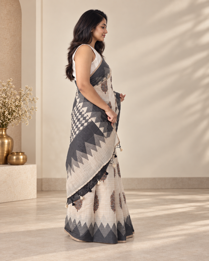 Ivory Pure Chanderi Cotton Handloom Saree with Dhakai Block Print