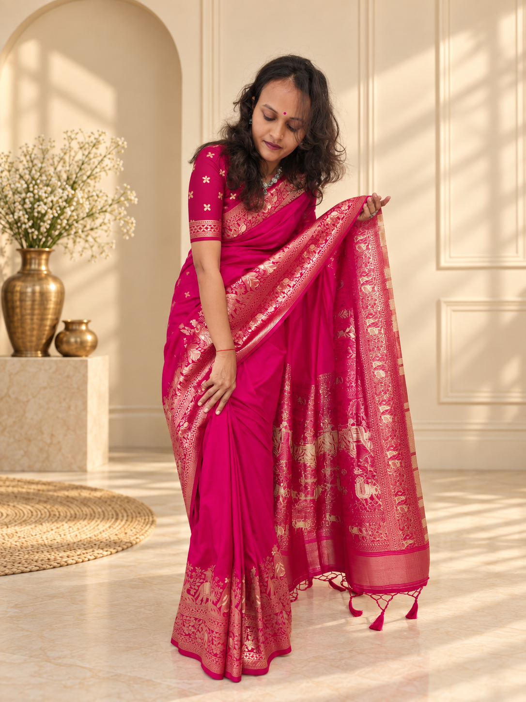 rani pink woven banarasi silk saree with gold zari elephant & floral border