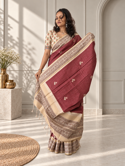Madhubani Folk Art Muted Terracotta Tussar Silk Saree