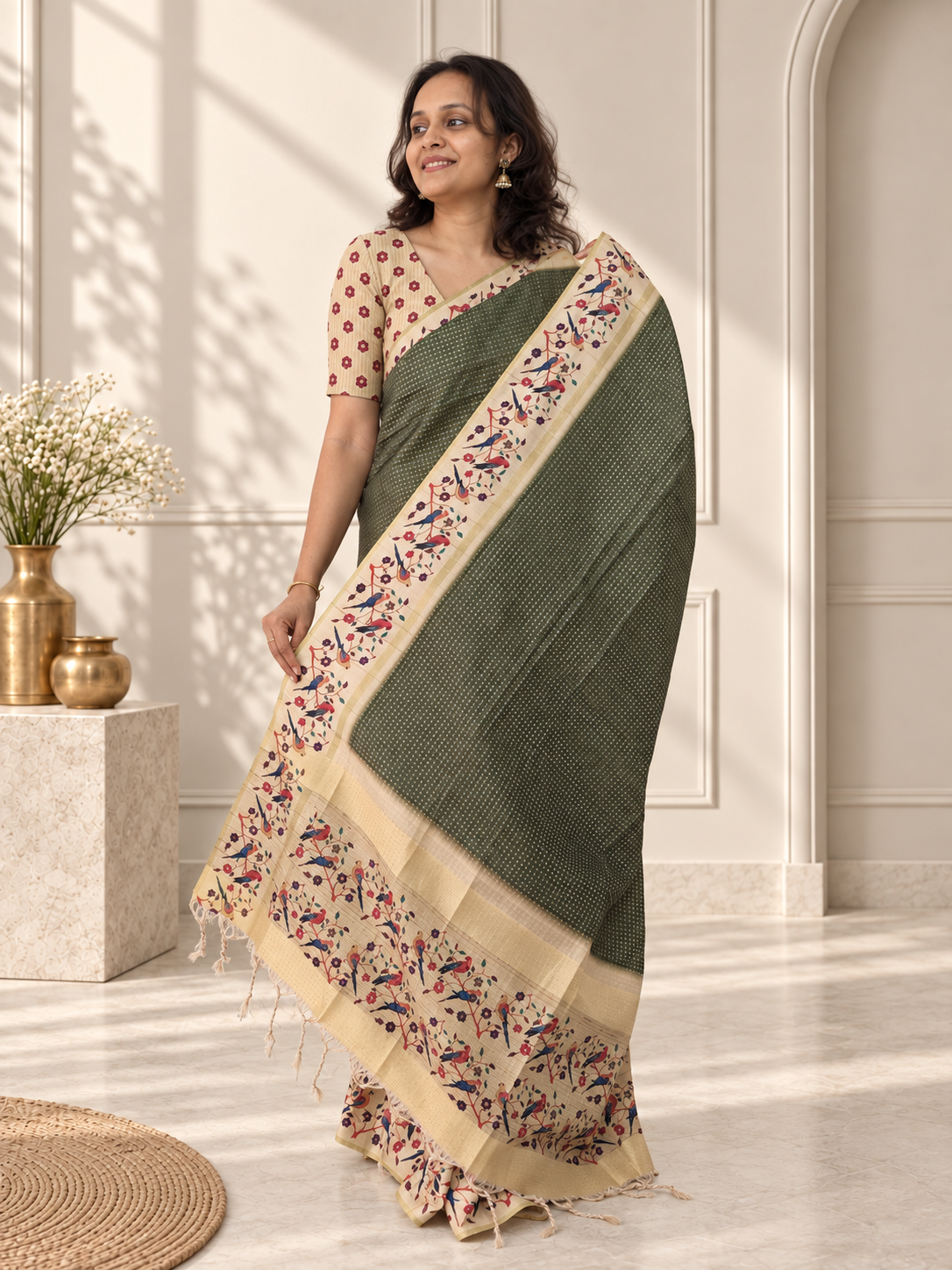 bird & floral print deep olive green tussar silk saree