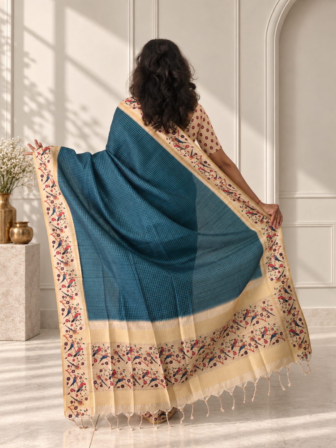 Bird & Floral Print Deep Teal Blue Tussar Silk Saree