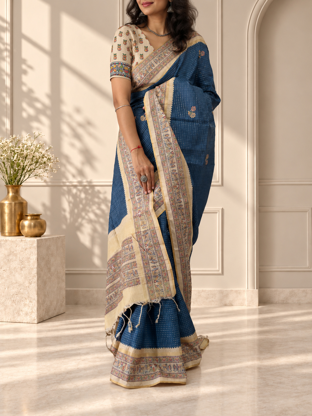 Madhubani Folk Art Dusty Slate Blue Tussar Silk Saree