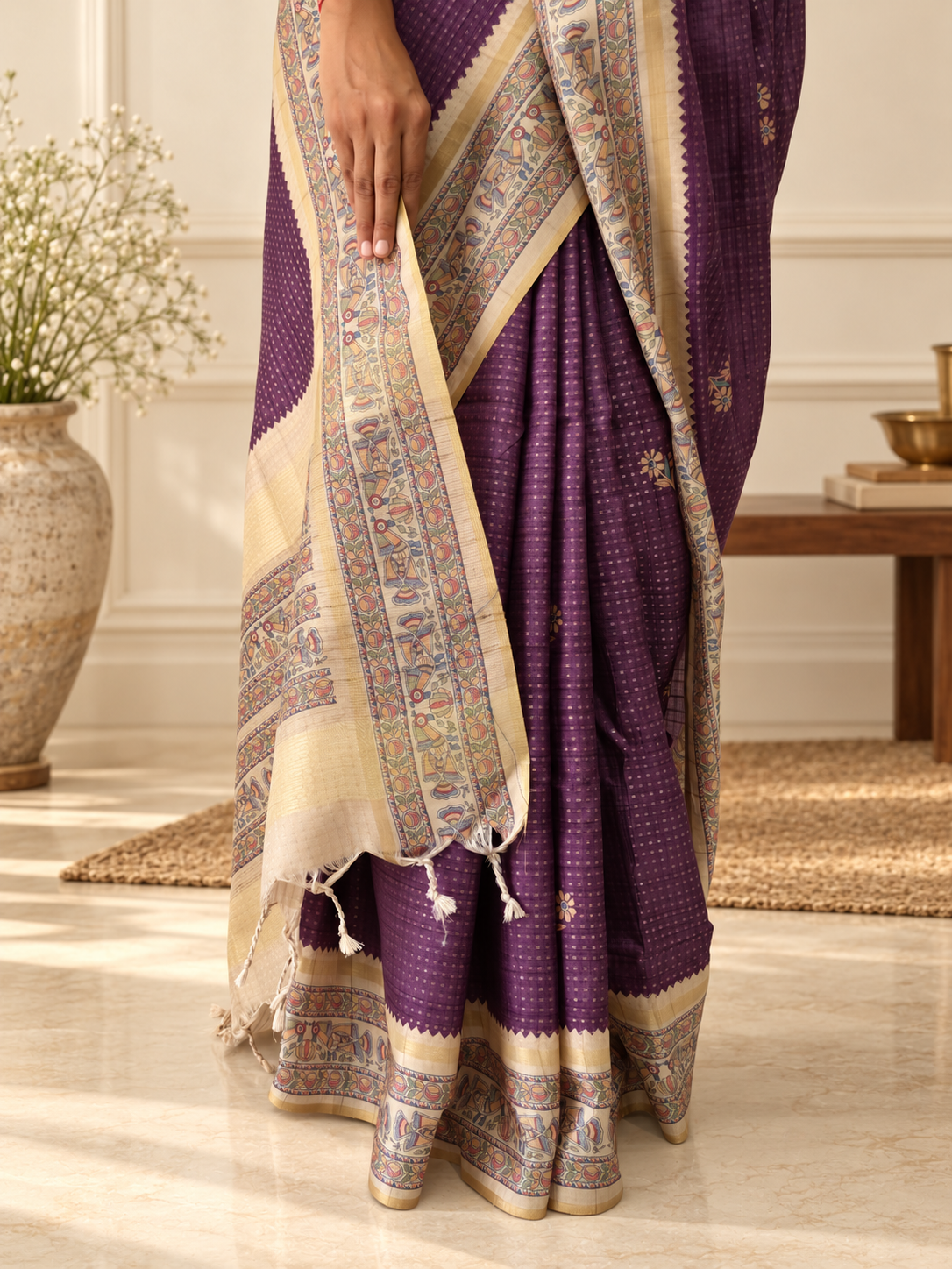 Madhubani Folk Art Mauve Purple Tussar Silk Saree
